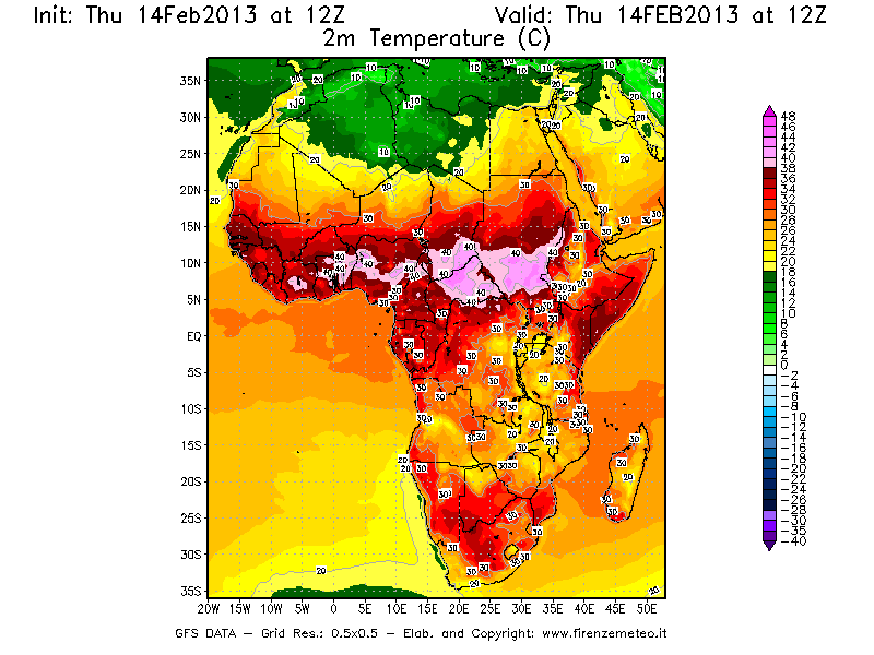 Mappa di analisi GFS - Temperatura a 2 metri dal suolo [°C] in Africa
									del 14/02/2013 12 <!--googleoff: index-->UTC<!--googleon: index-->