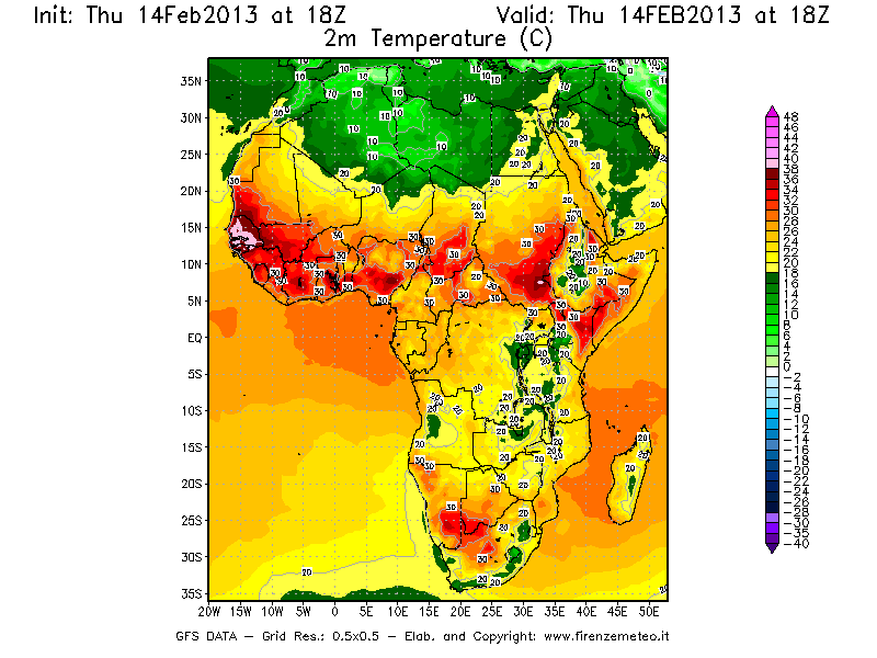 Mappa di analisi GFS - Temperatura a 2 metri dal suolo [°C] in Africa
							del 14/02/2013 18 <!--googleoff: index-->UTC<!--googleon: index-->