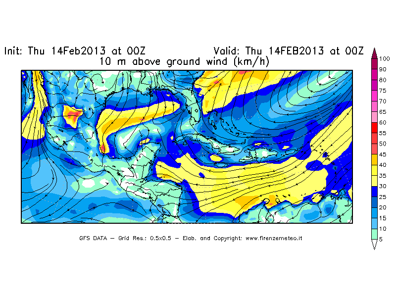 Mappa di analisi GFS - Velocità del vento a 10 metri dal suolo [km/h] in Centro-America
							del 14/02/2013 00 <!--googleoff: index-->UTC<!--googleon: index-->