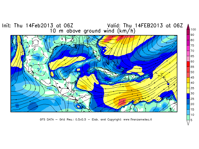 Mappa di analisi GFS - Velocità del vento a 10 metri dal suolo [km/h] in Centro-America
							del 14/02/2013 06 <!--googleoff: index-->UTC<!--googleon: index-->