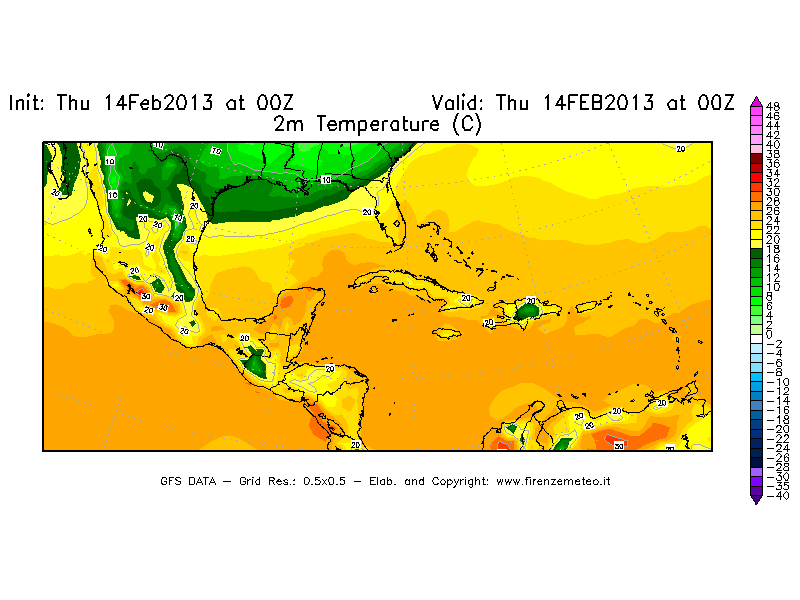 Mappa di analisi GFS - Temperatura a 2 metri dal suolo [°C] in Centro-America
									del 14/02/2013 00 <!--googleoff: index-->UTC<!--googleon: index-->