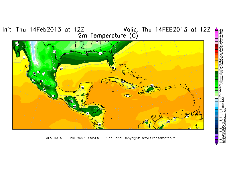 Mappa di analisi GFS - Temperatura a 2 metri dal suolo [°C] in Centro-America
							del 14/02/2013 12 <!--googleoff: index-->UTC<!--googleon: index-->