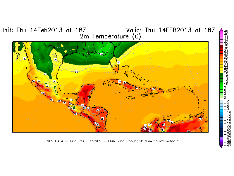 Mappa di analisi GFS - Temperatura a 2 metri dal suolo [°C] in Centro-America
							del 14/02/2013 18 <!--googleoff: index-->UTC<!--googleon: index-->