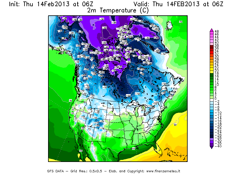 Mappa di analisi GFS - Temperatura a 2 metri dal suolo [°C] in Nord-America
							del 14/02/2013 06 <!--googleoff: index-->UTC<!--googleon: index-->