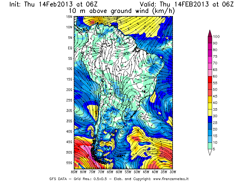 Mappa di analisi GFS - Velocità del vento a 10 metri dal suolo [km/h] in Sud-America
									del 14/02/2013 06 <!--googleoff: index-->UTC<!--googleon: index-->