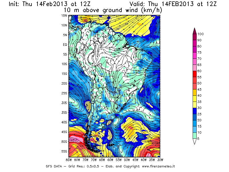 Mappa di analisi GFS - Velocità del vento a 10 metri dal suolo [km/h] in Sud-America
							del 14/02/2013 12 <!--googleoff: index-->UTC<!--googleon: index-->