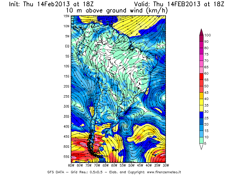 Mappa di analisi GFS - Velocità del vento a 10 metri dal suolo [km/h] in Sud-America
									del 14/02/2013 18 <!--googleoff: index-->UTC<!--googleon: index-->