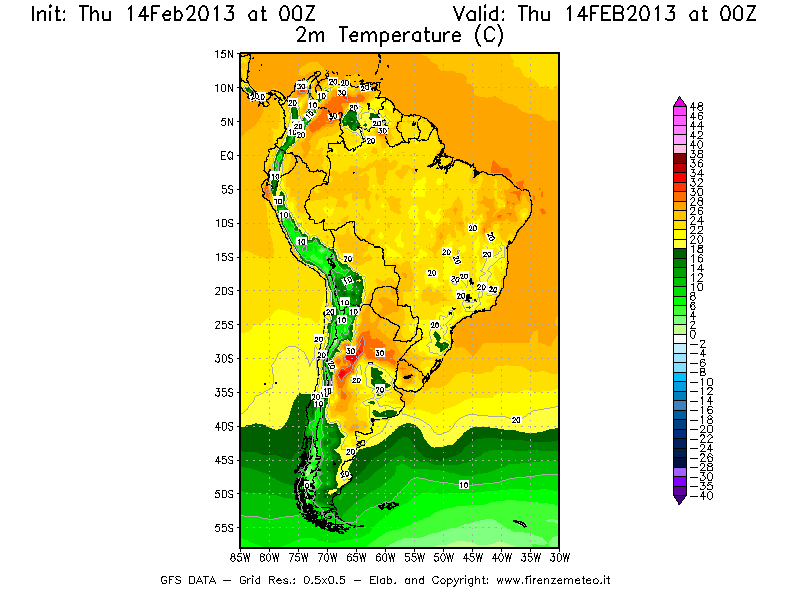 Mappa di analisi GFS - Temperatura a 2 metri dal suolo [°C] in Sud-America
									del 14/02/2013 00 <!--googleoff: index-->UTC<!--googleon: index-->