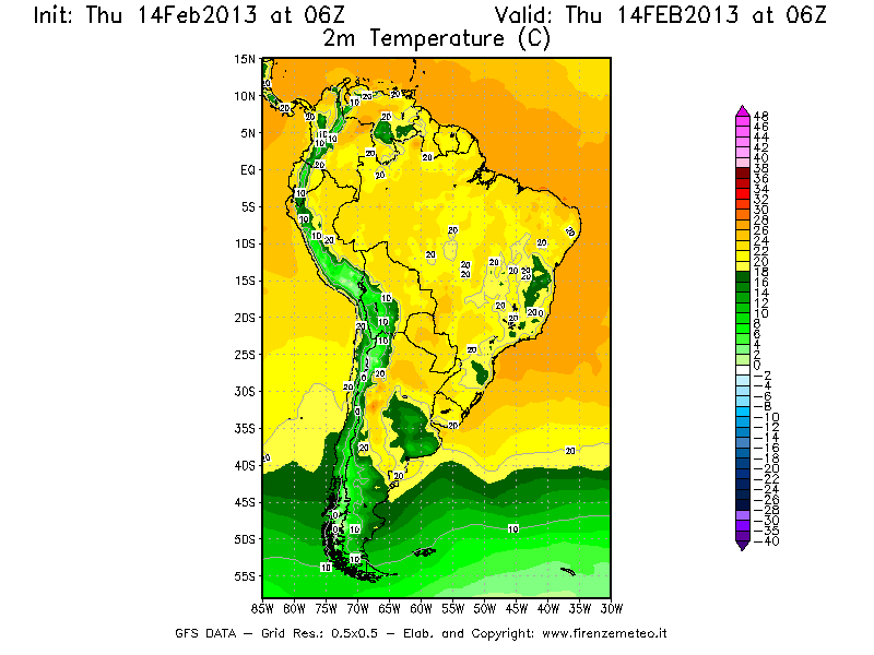 Mappa di analisi GFS - Temperatura a 2 metri dal suolo [°C] in Sud-America
									del 14/02/2013 06 <!--googleoff: index-->UTC<!--googleon: index-->