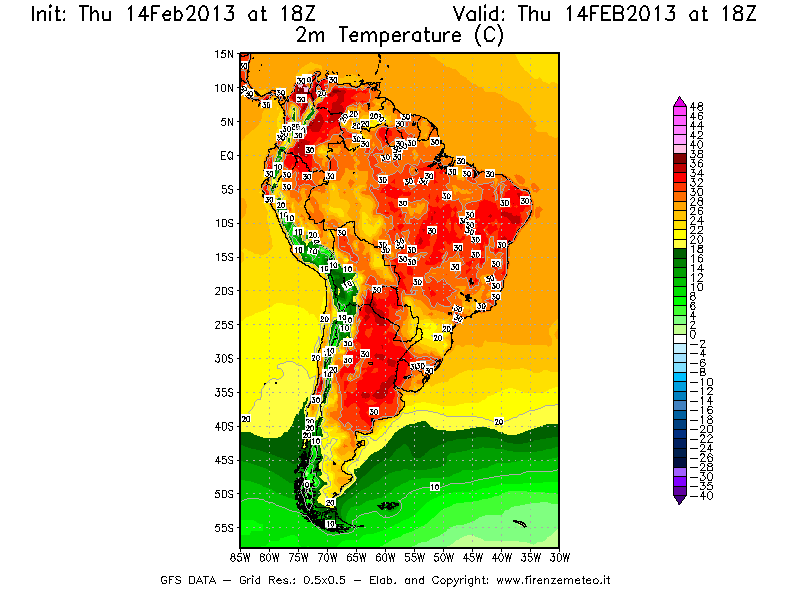 Mappa di analisi GFS - Temperatura a 2 metri dal suolo [°C] in Sud-America
							del 14/02/2013 18 <!--googleoff: index-->UTC<!--googleon: index-->