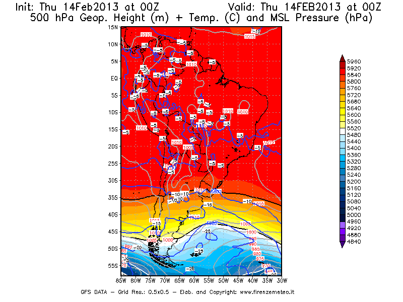 Mappa di analisi GFS - Geopotenziale [m] + Temp. [°C] a 500 hPa + Press. a livello del mare [hPa] in Sud-America
									del 14/02/2013 00 <!--googleoff: index-->UTC<!--googleon: index-->