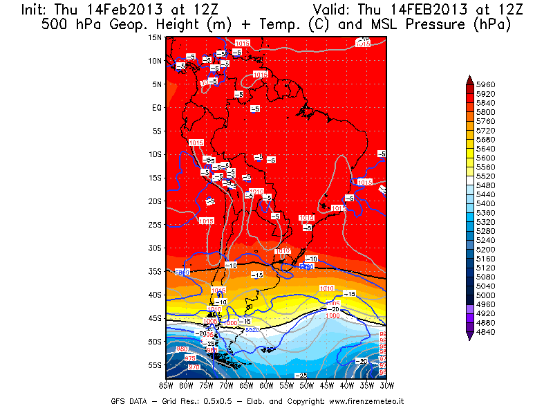Mappa di analisi GFS - Geopotenziale [m] + Temp. [°C] a 500 hPa + Press. a livello del mare [hPa] in Sud-America
									del 14/02/2013 12 <!--googleoff: index-->UTC<!--googleon: index-->