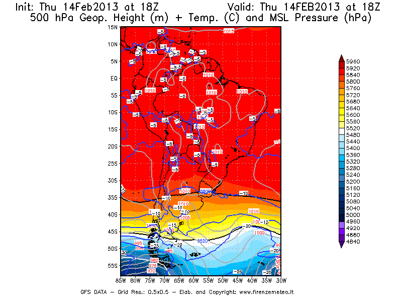 Mappa di analisi GFS - Geopotenziale [m] + Temp. [°C] a 500 hPa + Press. a livello del mare [hPa] in Sud-America
							del 14/02/2013 18 <!--googleoff: index-->UTC<!--googleon: index-->
