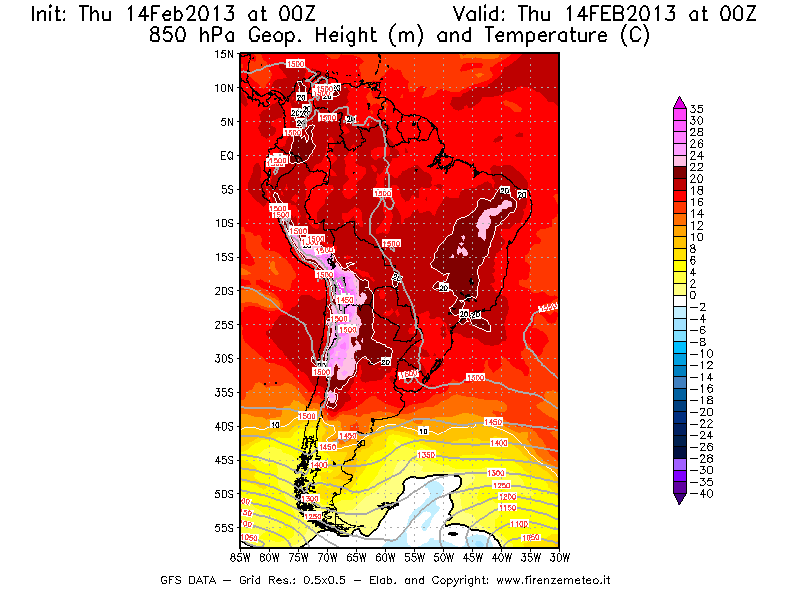 Mappa di analisi GFS - Geopotenziale [m] e Temperatura [°C] a 850 hPa in Sud-America
									del 14/02/2013 00 <!--googleoff: index-->UTC<!--googleon: index-->