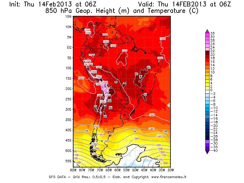 Mappa di analisi GFS - Geopotenziale [m] e Temperatura [°C] a 850 hPa in Sud-America
							del 14/02/2013 06 <!--googleoff: index-->UTC<!--googleon: index-->