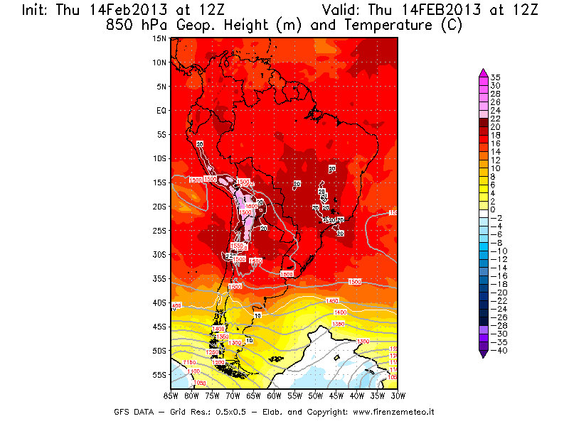 Mappa di analisi GFS - Geopotenziale [m] e Temperatura [°C] a 850 hPa in Sud-America
							del 14/02/2013 12 <!--googleoff: index-->UTC<!--googleon: index-->