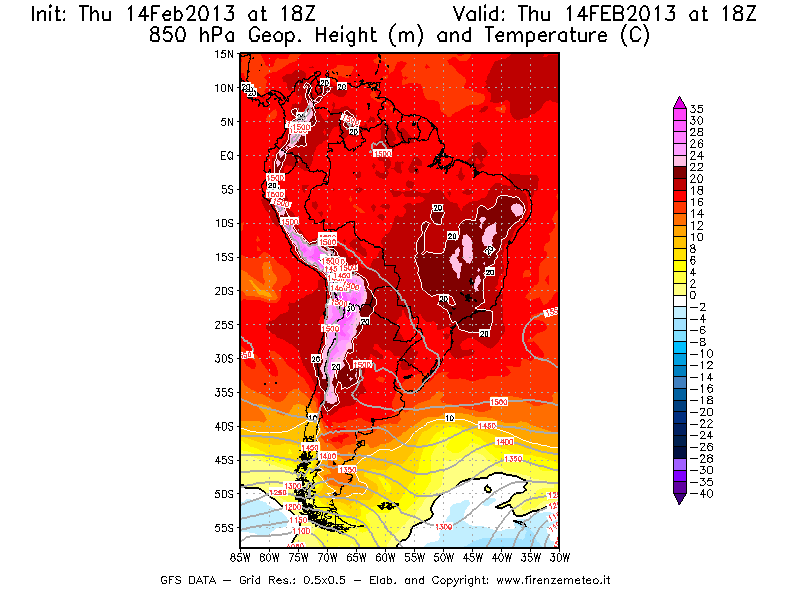 Mappa di analisi GFS - Geopotenziale [m] e Temperatura [°C] a 850 hPa in Sud-America
							del 14/02/2013 18 <!--googleoff: index-->UTC<!--googleon: index-->