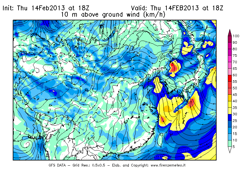 Mappa di analisi GFS - Velocità del vento a 10 metri dal suolo [km/h] in Asia Orientale
							del 14/02/2013 18 <!--googleoff: index-->UTC<!--googleon: index-->
