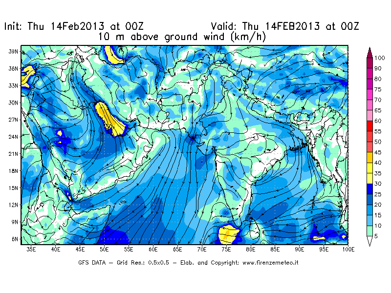 Mappa di analisi GFS - Velocità del vento a 10 metri dal suolo [km/h] in Asia Sud-Occidentale
									del 14/02/2013 00 <!--googleoff: index-->UTC<!--googleon: index-->
