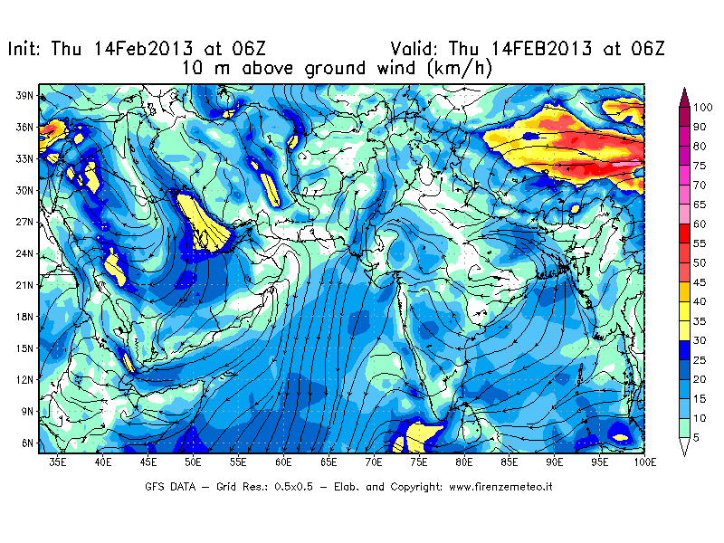 Mappa di analisi GFS - Velocità del vento a 10 metri dal suolo [km/h] in Asia Sud-Occidentale
									del 14/02/2013 06 <!--googleoff: index-->UTC<!--googleon: index-->