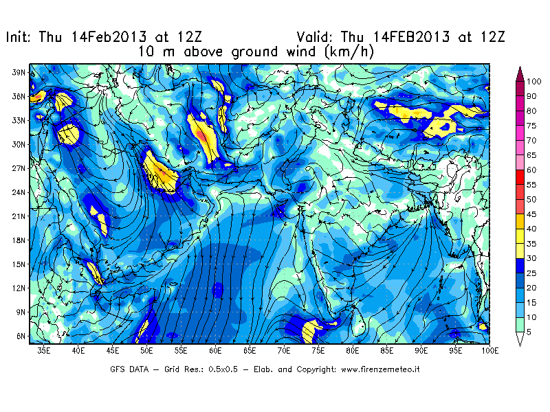Mappa di analisi GFS - Velocità del vento a 10 metri dal suolo [km/h] in Asia Sud-Occidentale
									del 14/02/2013 12 <!--googleoff: index-->UTC<!--googleon: index-->