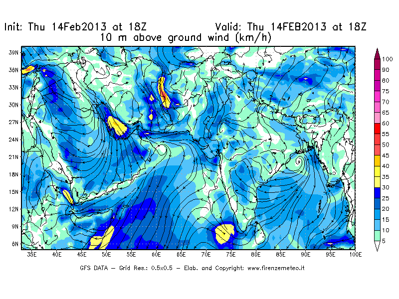 Mappa di analisi GFS - Velocità del vento a 10 metri dal suolo [km/h] in Asia Sud-Occidentale
							del 14/02/2013 18 <!--googleoff: index-->UTC<!--googleon: index-->