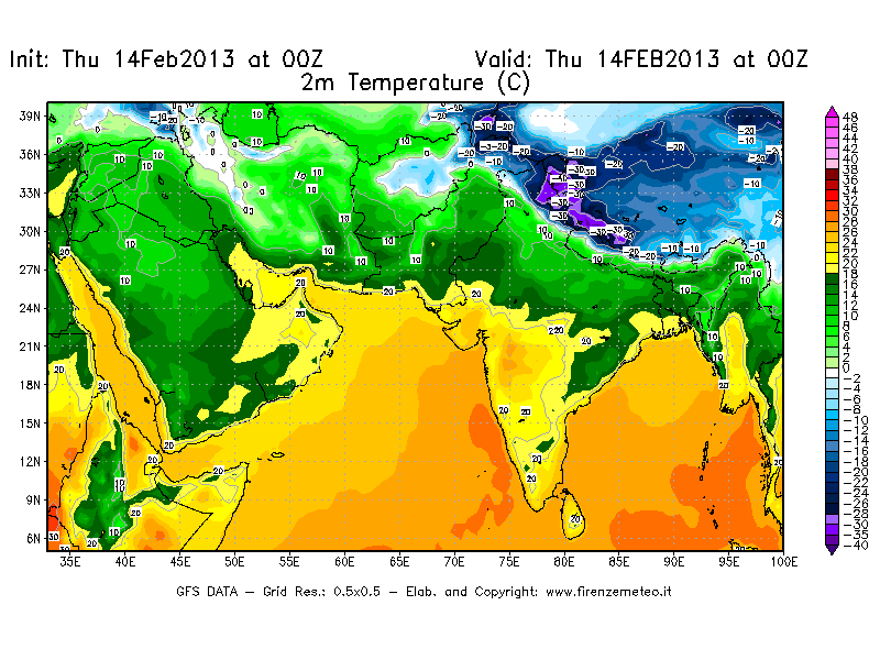 Mappa di analisi GFS - Temperatura a 2 metri dal suolo [°C] in Asia Sud-Occidentale
									del 14/02/2013 00 <!--googleoff: index-->UTC<!--googleon: index-->