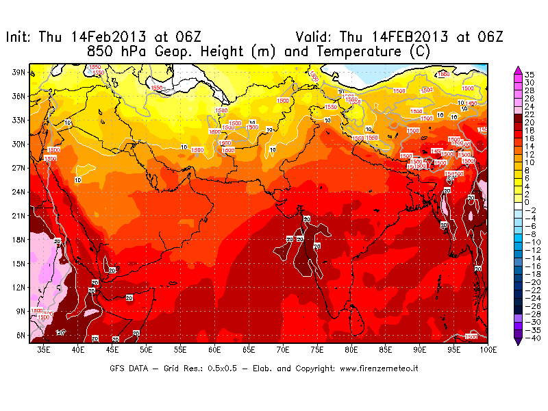 Mappa di analisi GFS - Geopotenziale [m] e Temperatura [°C] a 850 hPa in Asia Sud-Occidentale
							del 14/02/2013 06 <!--googleoff: index-->UTC<!--googleon: index-->