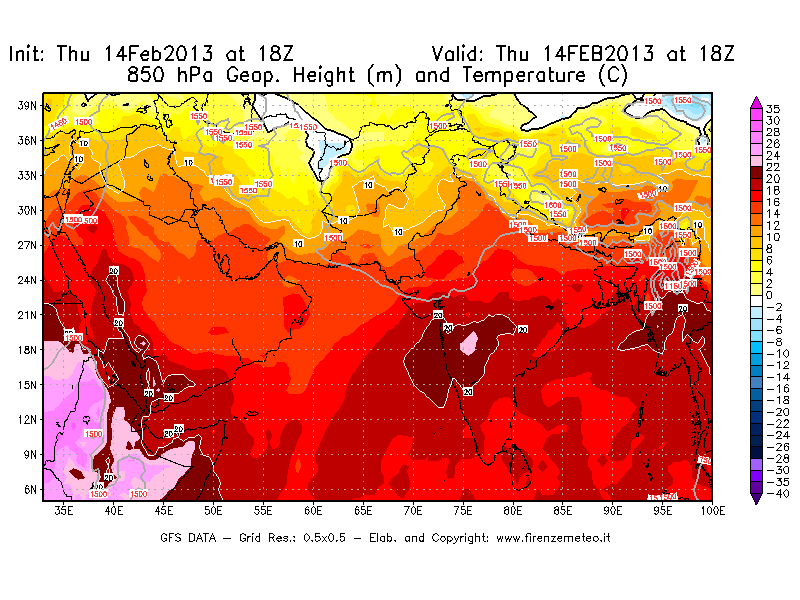 Mappa di analisi GFS - Geopotenziale [m] e Temperatura [°C] a 850 hPa in Asia Sud-Occidentale
									del 14/02/2013 18 <!--googleoff: index-->UTC<!--googleon: index-->