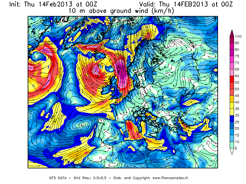 Mappa di analisi GFS - Velocità del vento a 10 metri dal suolo [km/h] in Europa
									del 14/02/2013 00 <!--googleoff: index-->UTC<!--googleon: index-->