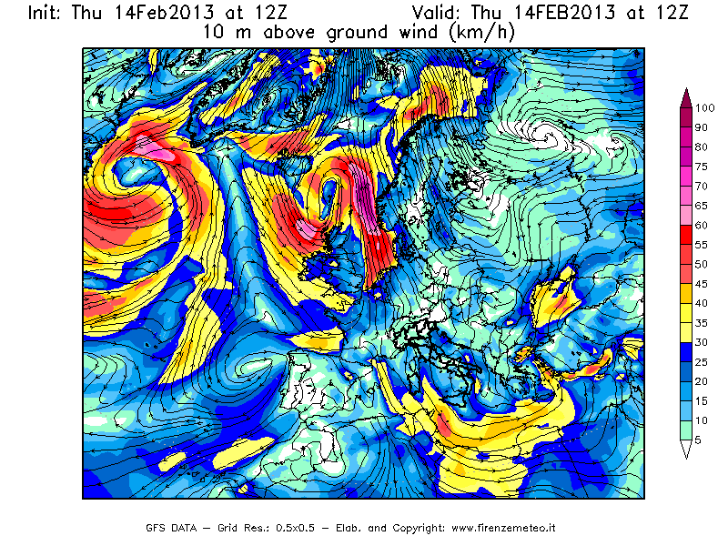 Mappa di analisi GFS - Velocità del vento a 10 metri dal suolo [km/h] in Europa
							del 14/02/2013 12 <!--googleoff: index-->UTC<!--googleon: index-->