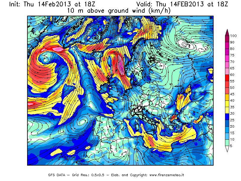 Mappa di analisi GFS - Velocità del vento a 10 metri dal suolo [km/h] in Europa
									del 14/02/2013 18 <!--googleoff: index-->UTC<!--googleon: index-->