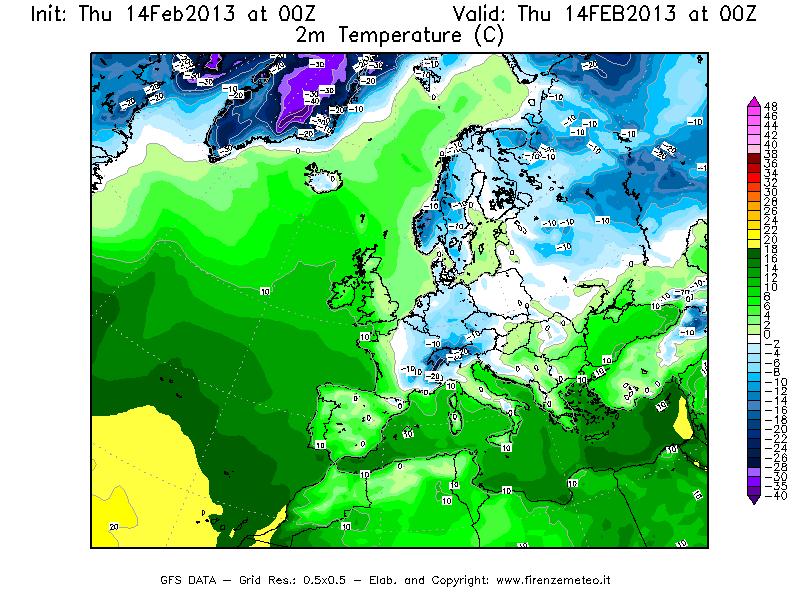 Mappa di analisi GFS - Temperatura a 2 metri dal suolo [°C] in Europa
							del 14/02/2013 00 <!--googleoff: index-->UTC<!--googleon: index-->