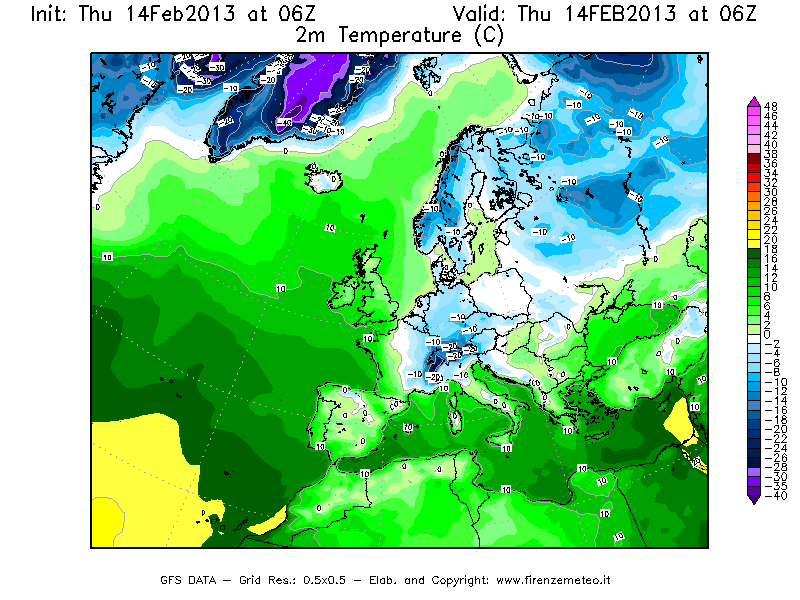 Mappa di analisi GFS - Temperatura a 2 metri dal suolo [°C] in Europa
									del 14/02/2013 06 <!--googleoff: index-->UTC<!--googleon: index-->