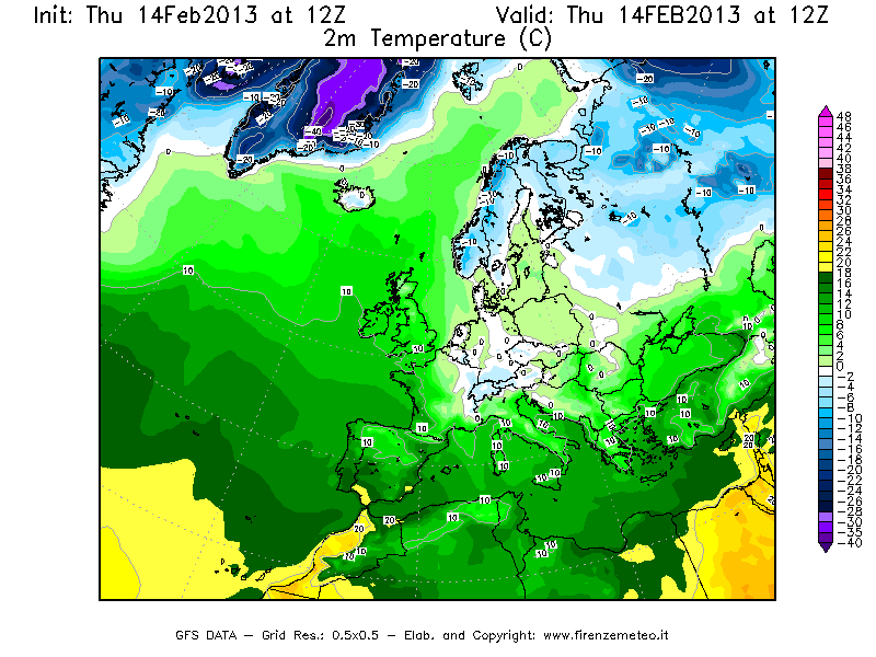 Mappa di analisi GFS - Temperatura a 2 metri dal suolo [°C] in Europa
									del 14/02/2013 12 <!--googleoff: index-->UTC<!--googleon: index-->