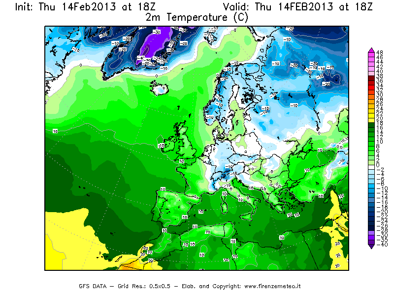 Mappa di analisi GFS - Temperatura a 2 metri dal suolo [°C] in Europa
							del 14/02/2013 18 <!--googleoff: index-->UTC<!--googleon: index-->
