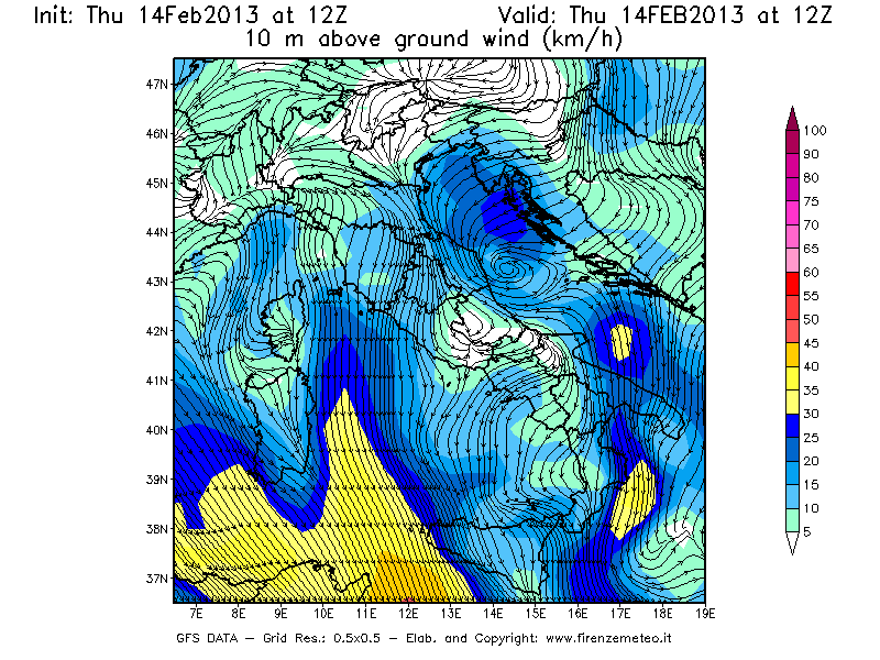 Mappa di analisi GFS - Velocità del vento a 10 metri dal suolo [km/h] in Italia
									del 14/02/2013 12 <!--googleoff: index-->UTC<!--googleon: index-->