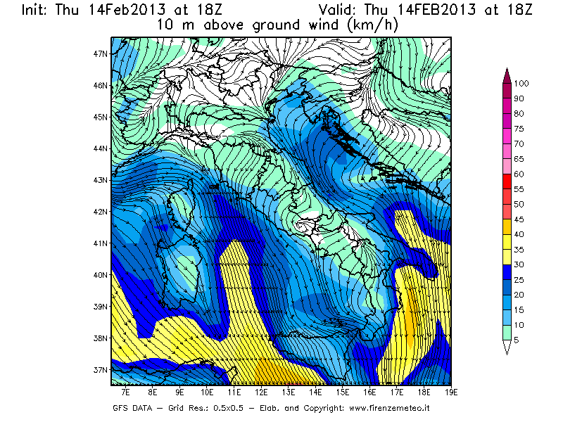 Mappa di analisi GFS - Velocità del vento a 10 metri dal suolo [km/h] in Italia
									del 14/02/2013 18 <!--googleoff: index-->UTC<!--googleon: index-->