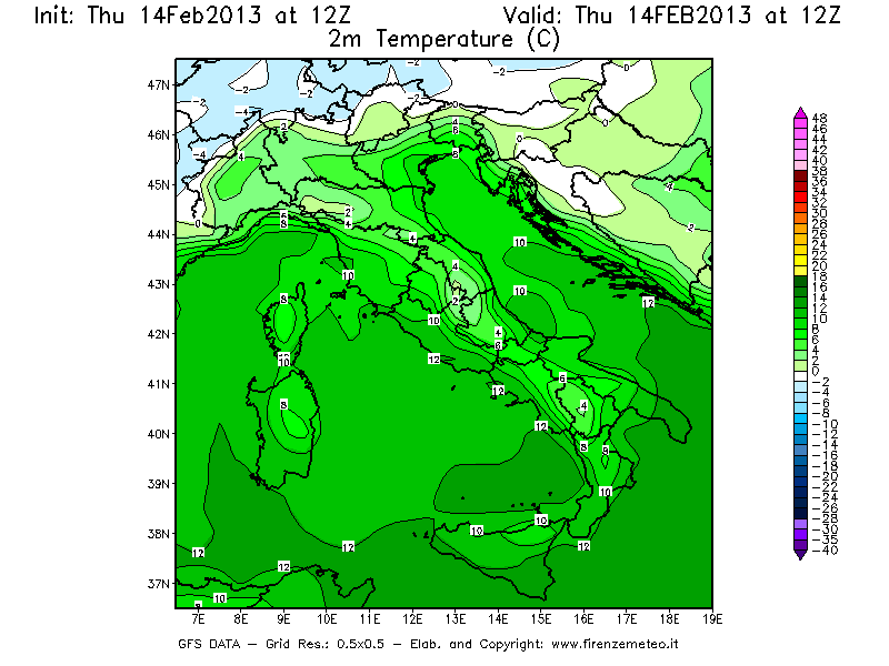 Mappa di analisi GFS - Temperatura a 2 metri dal suolo [°C] in Italia
							del 14/02/2013 12 <!--googleoff: index-->UTC<!--googleon: index-->