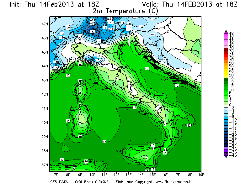 Mappa di analisi GFS - Temperatura a 2 metri dal suolo [°C] in Italia
									del 14/02/2013 18 <!--googleoff: index-->UTC<!--googleon: index-->