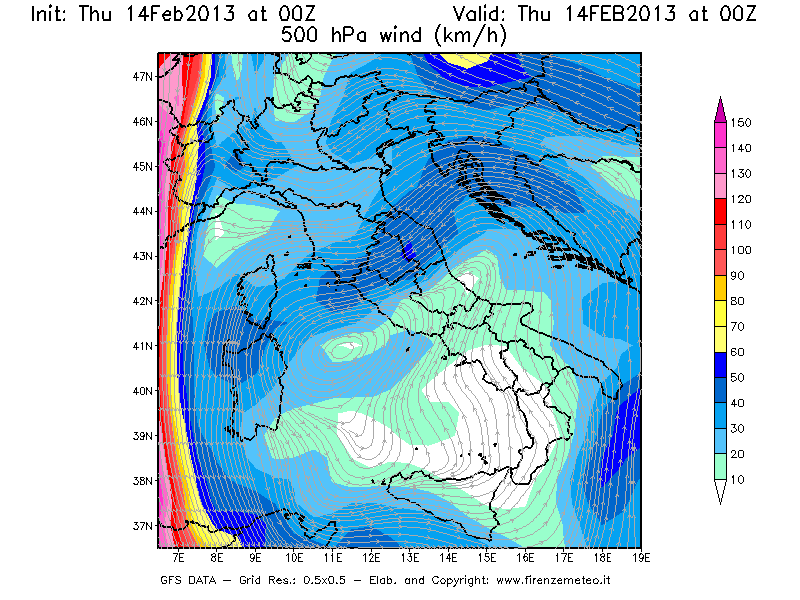 Mappa di analisi GFS - Velocità del vento a 500 hPa [km/h] in Italia
									del 14/02/2013 00 <!--googleoff: index-->UTC<!--googleon: index-->