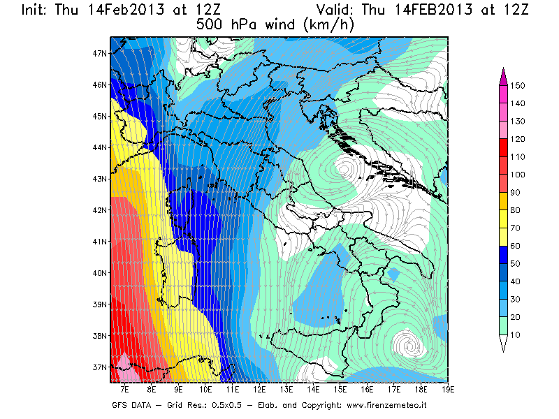 Mappa di analisi GFS - Velocità del vento a 500 hPa [km/h] in Italia
							del 14/02/2013 12 <!--googleoff: index-->UTC<!--googleon: index-->