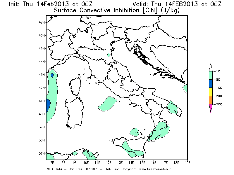 Mappa di analisi GFS - CIN [J/kg] in Italia
							del 14/02/2013 00 <!--googleoff: index-->UTC<!--googleon: index-->