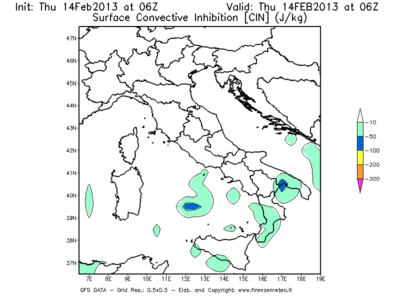 Mappa di analisi GFS - CIN [J/kg] in Italia
									del 14/02/2013 06 <!--googleoff: index-->UTC<!--googleon: index-->