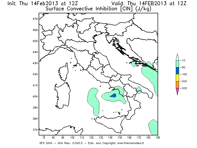 Mappa di analisi GFS - CIN [J/kg] in Italia
							del 14/02/2013 12 <!--googleoff: index-->UTC<!--googleon: index-->