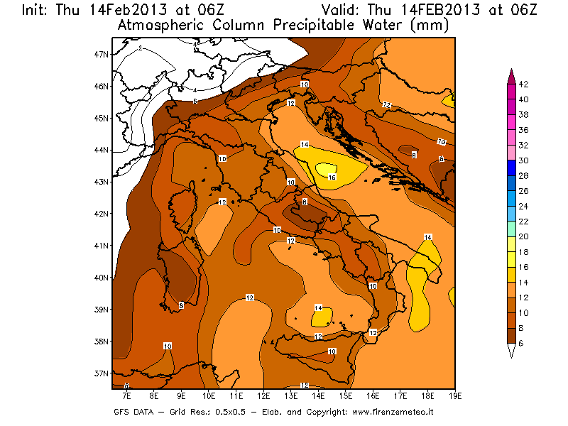 Mappa di analisi GFS - Precipitable Water [mm] in Italia
							del 14/02/2013 06 <!--googleoff: index-->UTC<!--googleon: index-->