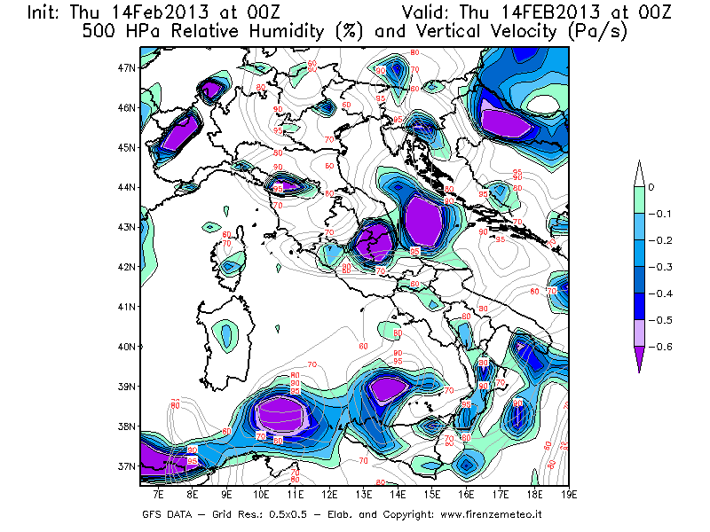 Mappa di analisi GFS - Umidità relativa [%] e Omega [Pa/s] a 500 hPa in Italia
							del 14/02/2013 00 <!--googleoff: index-->UTC<!--googleon: index-->