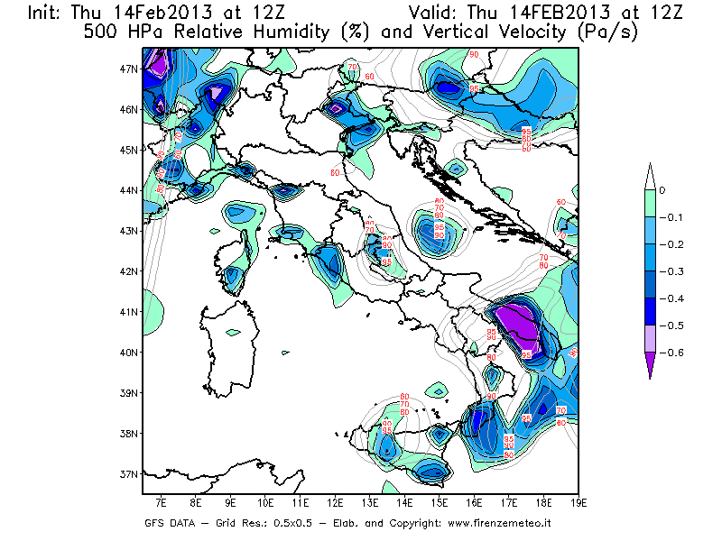 Mappa di analisi GFS - Umidità relativa [%] e Omega [Pa/s] a 500 hPa in Italia
									del 14/02/2013 12 <!--googleoff: index-->UTC<!--googleon: index-->