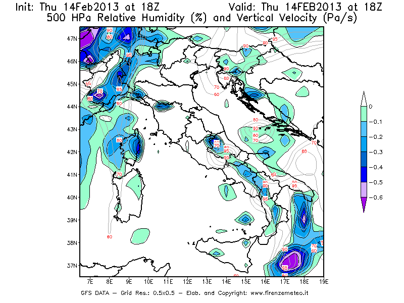 Mappa di analisi GFS - Umidità relativa [%] e Omega [Pa/s] a 500 hPa in Italia
									del 14/02/2013 18 <!--googleoff: index-->UTC<!--googleon: index-->