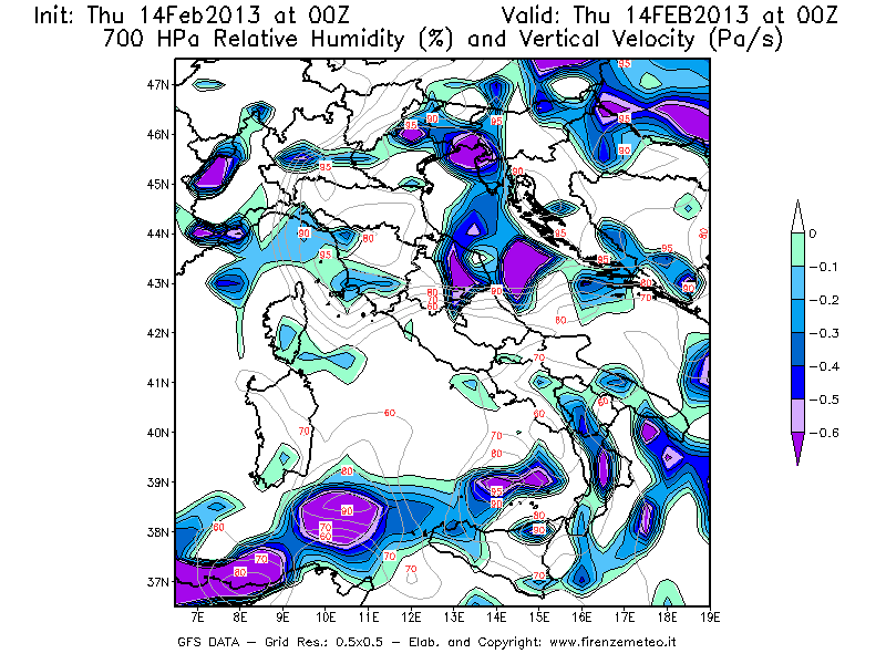 Mappa di analisi GFS - Umidità relativa [%] e Omega [Pa/s] a 700 hPa in Italia
							del 14/02/2013 00 <!--googleoff: index-->UTC<!--googleon: index-->